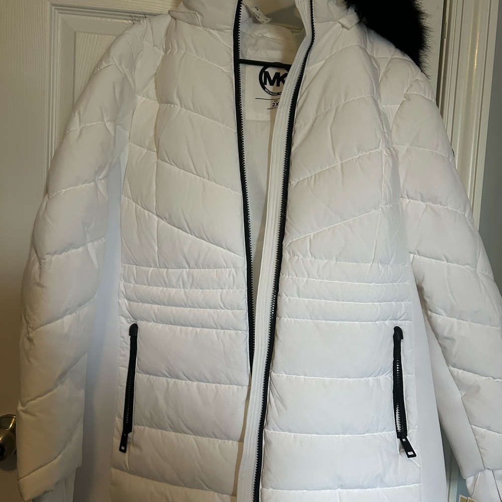 Michael Kors Women's White Puffer Coat with Black Accents